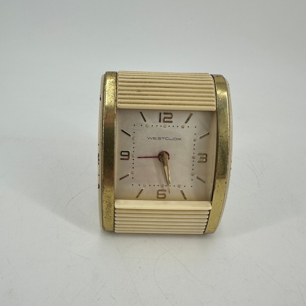 Vintage Westclox Travel Alarm Clock Gold Tone Cream Wind Up MCM Working